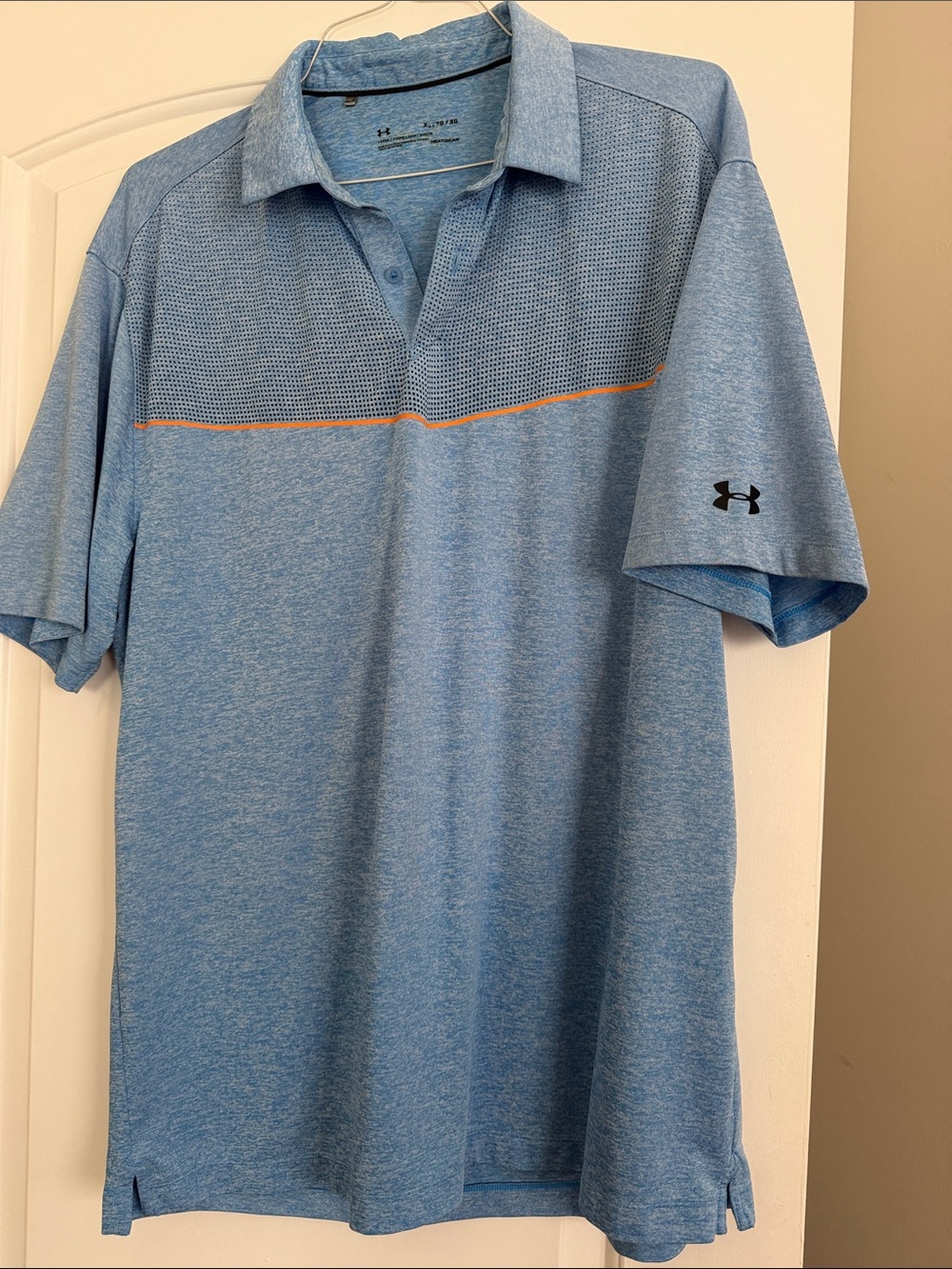 Under Armour Men’s Heather Light Blue Polo with Orange Accent